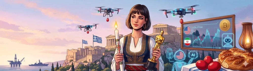 Ψηφιακή σύνθεση για τον Απρίλιο 2026 με την Ακρόπολη, drones, πασχαλινά έθιμα και δείκτες τιμών πετρελαίου.
